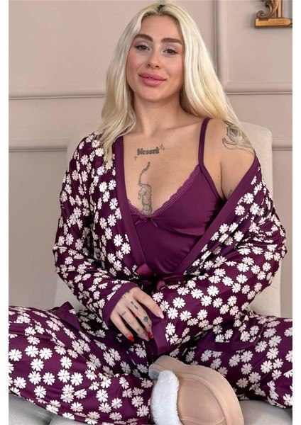 Mor Daisy Exclusive Önden Düğmeli Kadın Pijama Takım Exclusive Örme Sabahlıklı Kadın Pijama Takım
