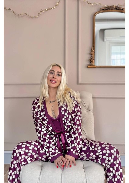 Mor Daisy Exclusive Önden Düğmeli Kadın Pijama Takım Exclusive Örme Sabahlıklı Kadın Pijama Takım fiyatları