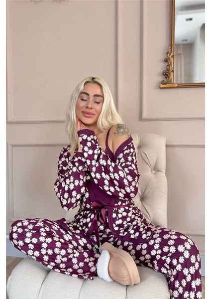 Mor Daisy Exclusive Önden Düğmeli Kadın Pijama Takım Exclusive Örme Sabahlıklı Kadın Pijama Takım modelleri
