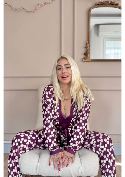 Mor Daisy Exclusive Önden Düğmeli Kadın Pijama Takım Exclusive Örme Sabahlıklı Kadın Pijama Takım fırsatları