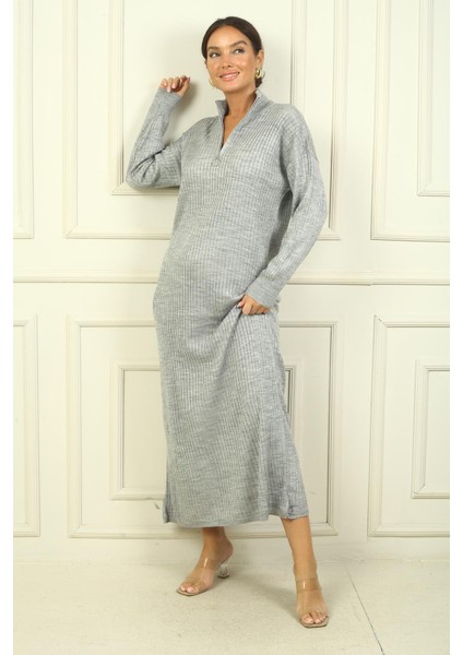 Yuvarlak Yaka Yakası Fermuarlı Uzun Kol Triko Elbise