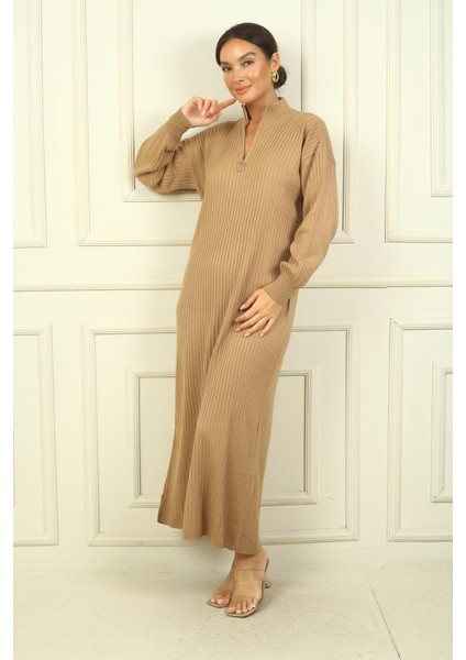 Yuvarlak Yaka Yakası Fermuarlı Uzun Kol Triko Elbise modelleri