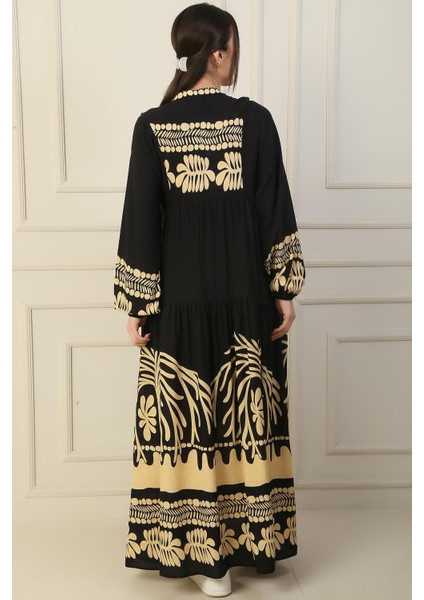 Önü Yarım Düğmeli Kolu Lastikli Empirme Tesettür Uzun Elbise fırsatları