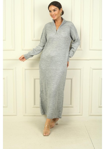 Yuvarlak Yaka Yakası Fermuarlı Uzun Kol Triko Elbise modelleri