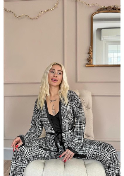 Siyah Grid Exclusive Örme Sabahlıklı Kadın Pijama Takım