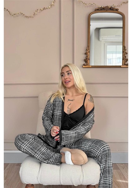 Siyah Grid Exclusive Örme Sabahlıklı Kadın Pijama Takım