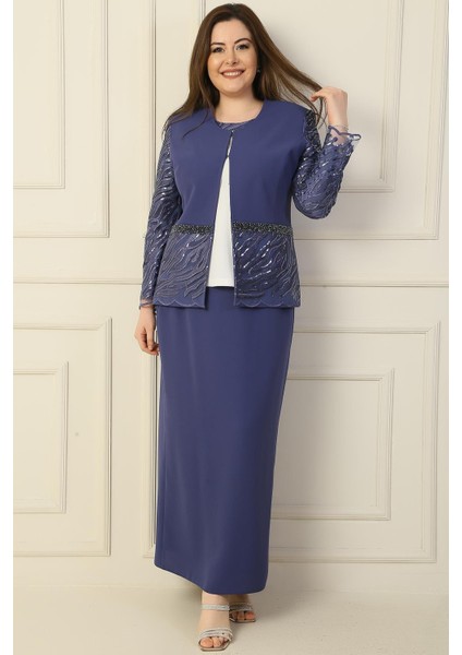 Içi Yarım Ay Kol Bluz Pul Nakışişlemeboncuk Detaylı Ceket Etek Astarlı Büyük Beden 3'lü Takım