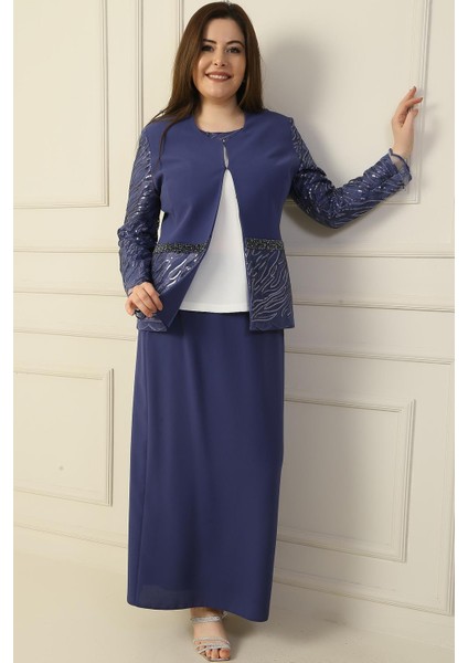 Içi Yarım Ay Kol Bluz Pul Nakışişlemeboncuk Detaylı Ceket Etek Astarlı Büyük Beden 3'lü Takım fiyatları