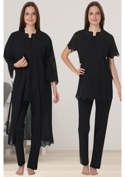 Siyah Fistolu Sabahlıklı Hamile Lohusa Pijama Takımı