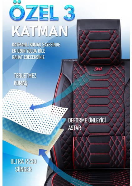Ssanyoung Actyon Sports Uyumlu Yarı Deri Oto Koltuk Kılıfı Tam 5li Set Mars Siyah-Kırmızı Renk modelleri