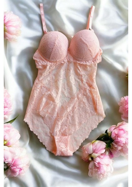 Pembe Dantelli Dolgulu Bodysuit Babydoll