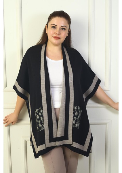 Kadın Yanı Düğme Detaylı Şeritli Cepleri Leopar Desenli Büyük Beden Panço