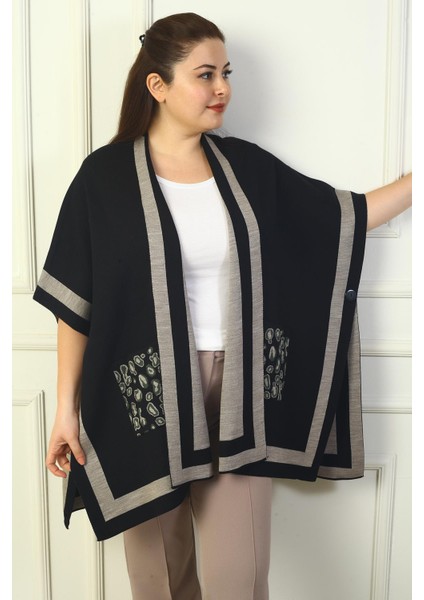 Kadın Yanı Düğme Detaylı Şeritli Cepleri Leopar Desenli Büyük Beden Panço fiyatları