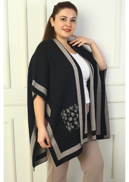 Kadın Yanı Düğme Detaylı Şeritli Cepleri Leopar Desenli Büyük Beden Panço modelleri