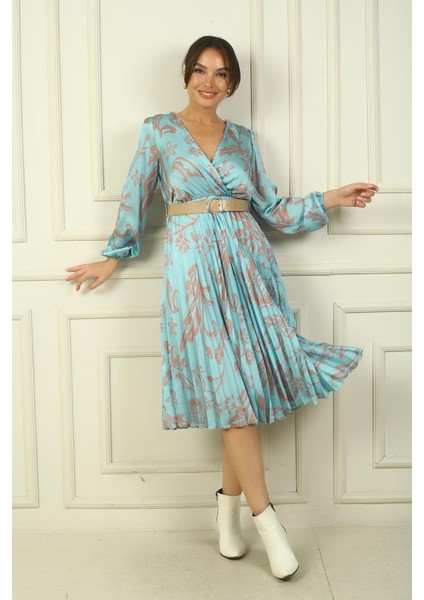 Kadın Kruvaze Yaka Beli Kemerli Astarlı Çiçekli Pileli Saten Elbise