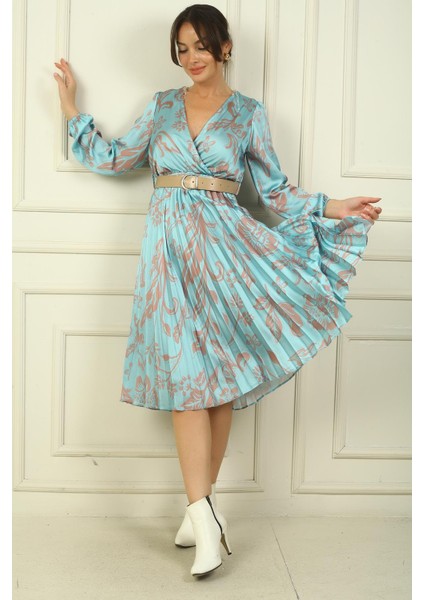 Kadın Kruvaze Yaka Beli Kemerli Astarlı Çiçekli Pileli Saten Elbise fiyatları