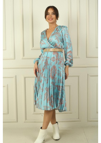 Kadın Kruvaze Yaka Beli Kemerli Astarlı Çiçekli Pileli Saten Elbise modelleri