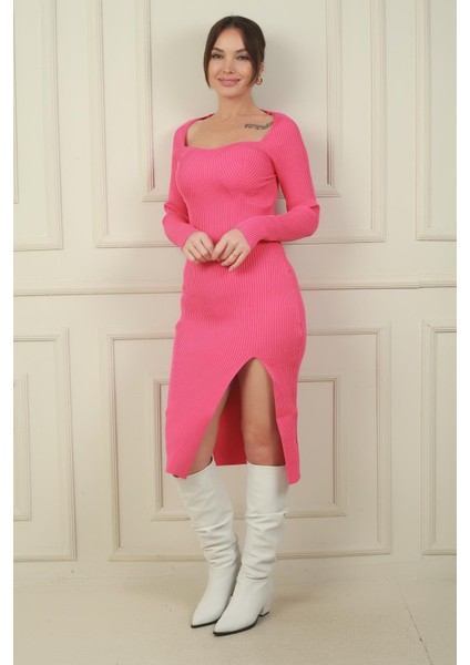 Kadın Kalp Yaka Yırtmaçlı Triko Elbise modelleri