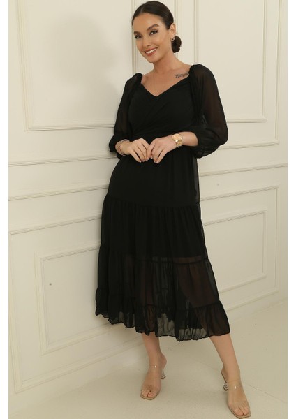 Madonna Yaka Astarlı Çapraz Bağlamalı Kruvaze Şifon Elbise fiyatları