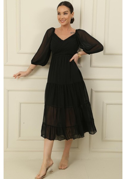 Madonna Yaka Astarlı Çapraz Bağlamalı Kruvaze Şifon Elbise modelleri