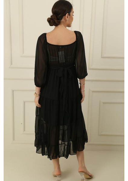 Madonna Yaka Astarlı Çapraz Bağlamalı Kruvaze Şifon Elbise fırsatları