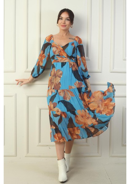 Madonna Yaka Astarlı Çapraz Bağlamalı Çiçekli Kruvaze Şifon Elbise fiyatları