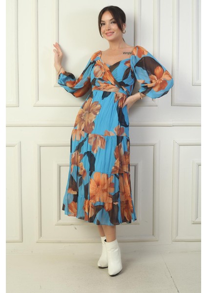 Madonna Yaka Astarlı Çapraz Bağlamalı Çiçekli Kruvaze Şifon Elbise modelleri