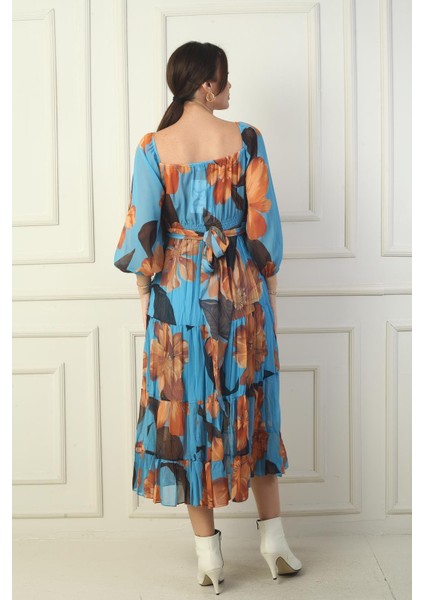 Madonna Yaka Astarlı Çapraz Bağlamalı Çiçekli Kruvaze Şifon Elbise fırsatları