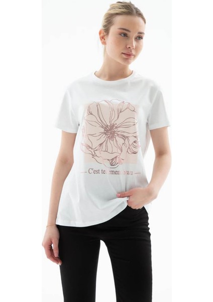 Baskılı Pamuklu Beyaz Kadın T-Shirt 25Y0152K1 fiyatları