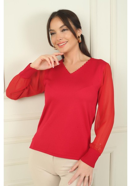 Kadın Merdiven V Yaka Kolları Şifon Kazak