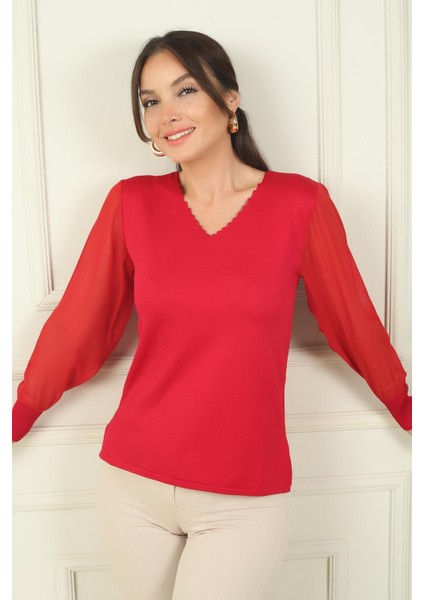 Kadın Merdiven V Yaka Kolları Şifon Kazak fiyatları
