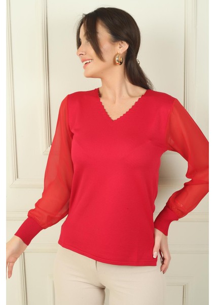 Kadın Merdiven V Yaka Kolları Şifon Kazak modelleri