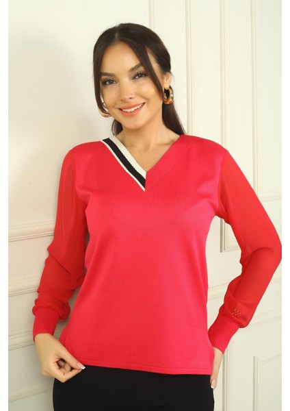 Kadın V Yaka Yarısı Şeritli Kolları Şifon Kazak