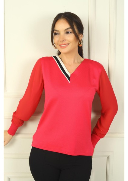 Kadın V Yaka Yarısı Şeritli Kolları Şifon Kazak fiyatları