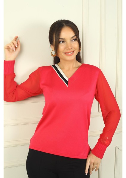 Kadın V Yaka Yarısı Şeritli Kolları Şifon Kazak modelleri