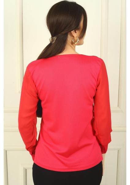 Kadın V Yaka Yarısı Şeritli Kolları Şifon Kazak fırsatları