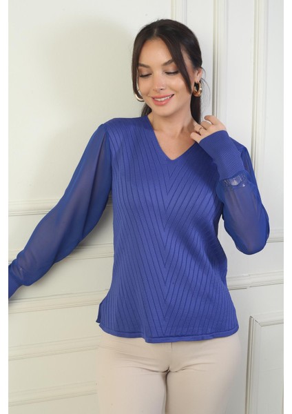 Kadın Kolları Şifon V Yaka Kazak modelleri