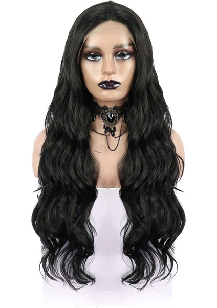 Siyah Uzun Dalgalı Fiber Sentetik Tül Peruk