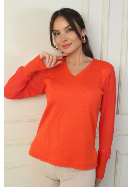 Kadın Kolları Şifon V Yaka Kazak