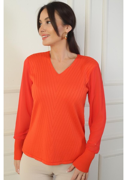 Kadın Kolları Şifon V Yaka Kazak modelleri