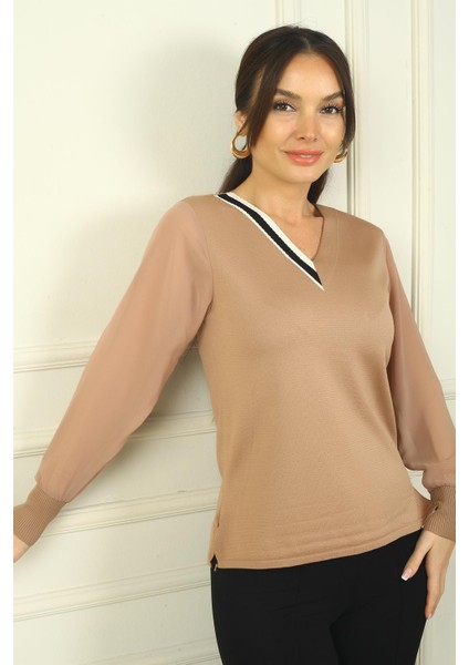 Kadın V Yaka Yarısı Şeritli Kolları Şifon Kazak