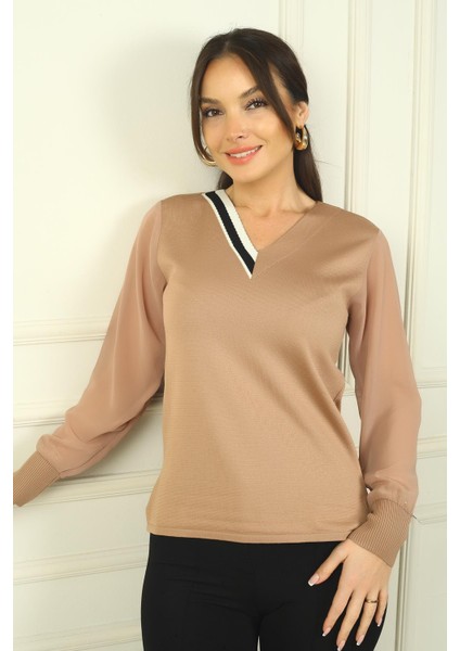 Kadın V Yaka Yarısı Şeritli Kolları Şifon Kazak fiyatları