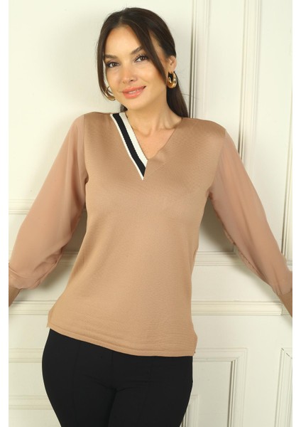 Kadın V Yaka Yarısı Şeritli Kolları Şifon Kazak modelleri