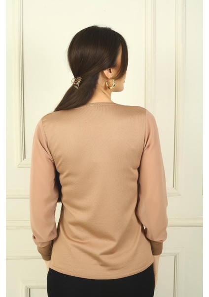 Kadın V Yaka Yarısı Şeritli Kolları Şifon Kazak fırsatları