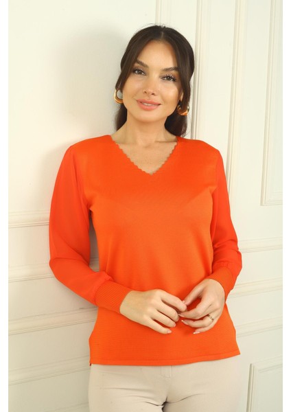 Kadın Merdiven V Yaka Kolları Şifon Kazak