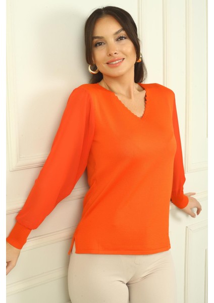 Kadın Merdiven V Yaka Kolları Şifon Kazak fiyatları