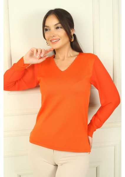 Kadın Merdiven V Yaka Kolları Şifon Kazak modelleri