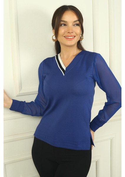 Kadın V Yaka Yarısı Şeritli Kolları Şifon Kazak