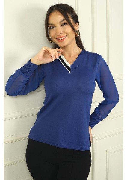 Kadın V Yaka Yarısı Şeritli Kolları Şifon Kazak fiyatları