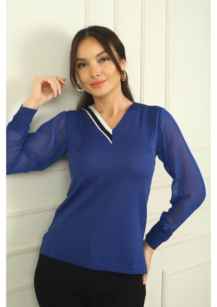 Kadın V Yaka Yarısı Şeritli Kolları Şifon Kazak modelleri